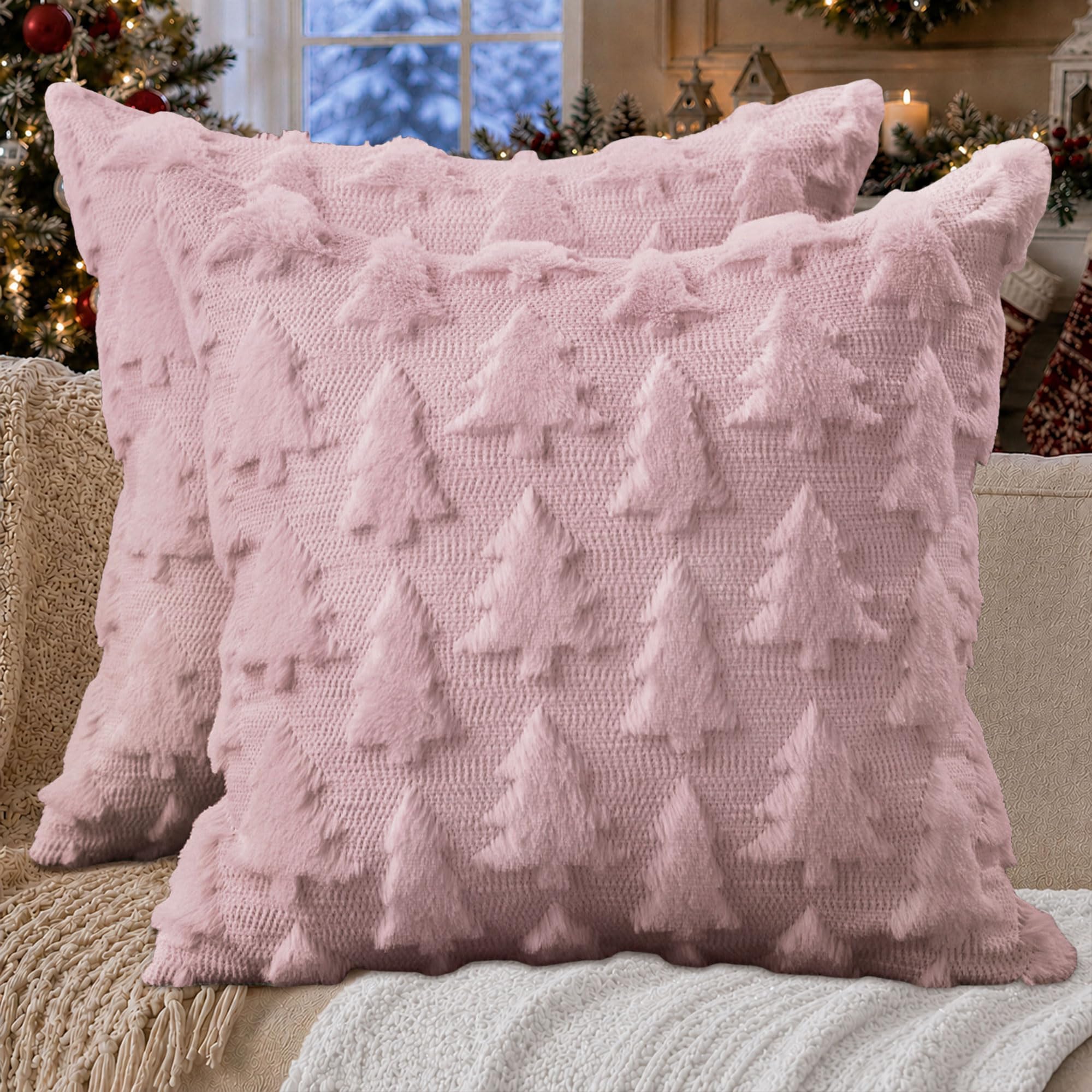 DFXSZ Christmas Tree Pillow Covers 18x18 Set of 2 Christmas Decor Pink