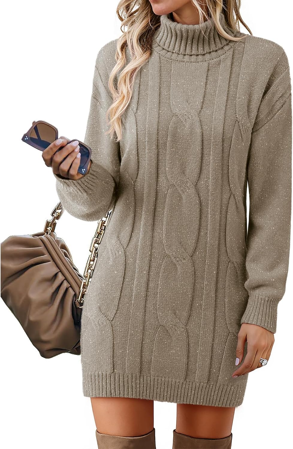 Womens Long Sleeve Turtleneck Sweater Dresses Ribbed Knit Stretchy Midi Casual Dress