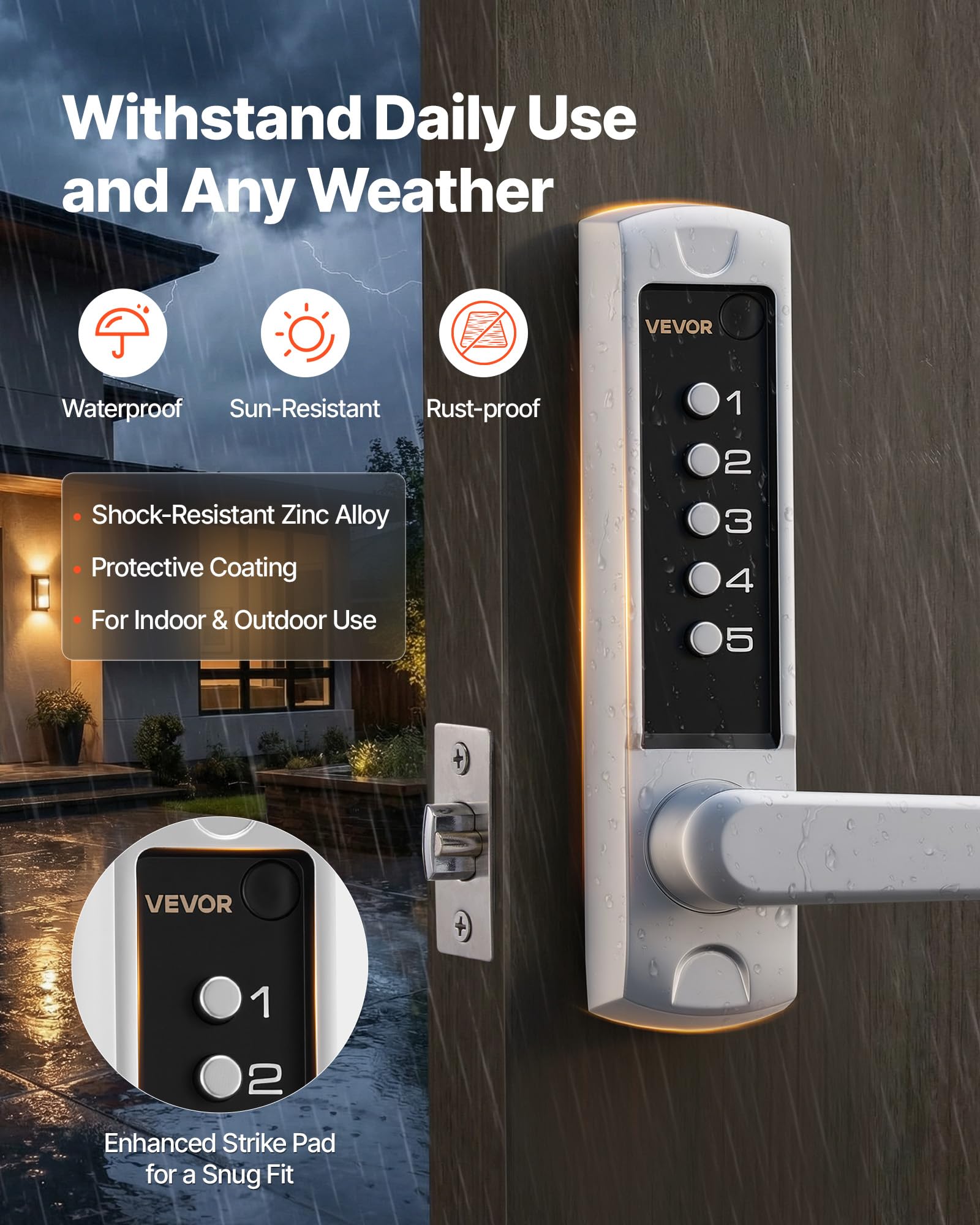 VEVOR Mechanisches Codeschloss mit Einseitigem Tastenschloss (5-stelliger Code), Schlüsselloses Türschloss mit Griff & Automatischer Verriegelung, für Haustüren Gartentore Garagen Outdoor, Silber