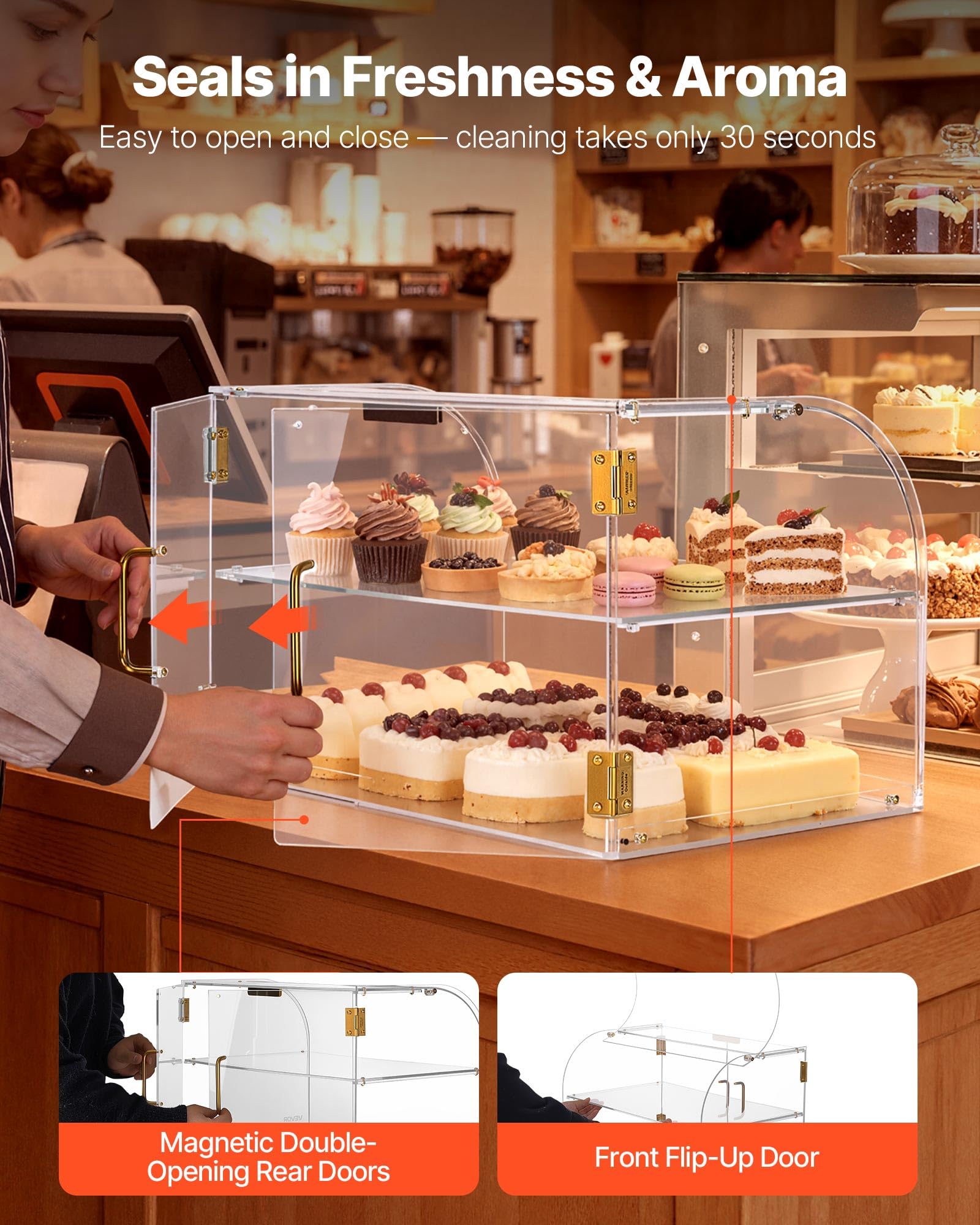 VEVOR Gebäckvitrine 2-stöckig, Gewerbliche Bäckereivitrine aus Transparentem Acryl, Thekenvitrine mit Magnetischer Rücktür & Abnehmbarer Trennwand für Kekse Desserts Donuts, 558 x 355 x 355 mm