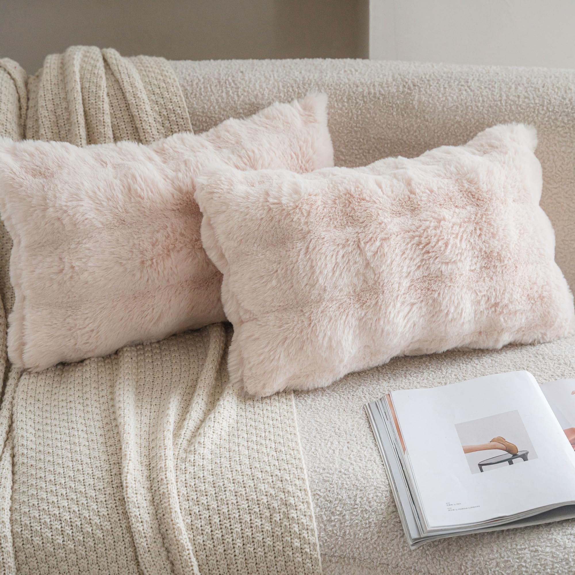 Neelvin Set of 2 Decorative Cushion Covers Thick Plush Wool Beige Throw Pillow Covers 30x50 cm,12x20 Inches Pillowcase Plush fluffy for Couch Livingroom Sofa Bedroom