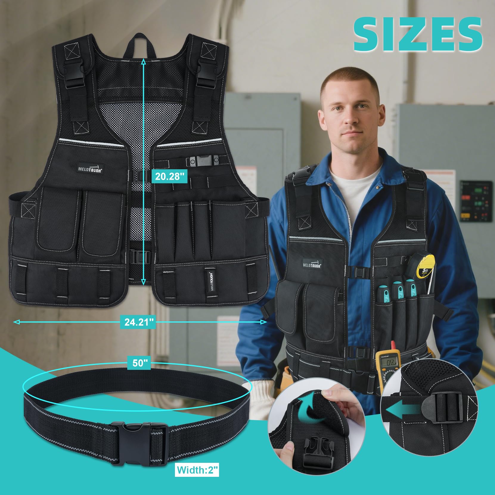 MELOTOUGH Tool Vest for Men with Belt, Adjustable Multi-Pocket