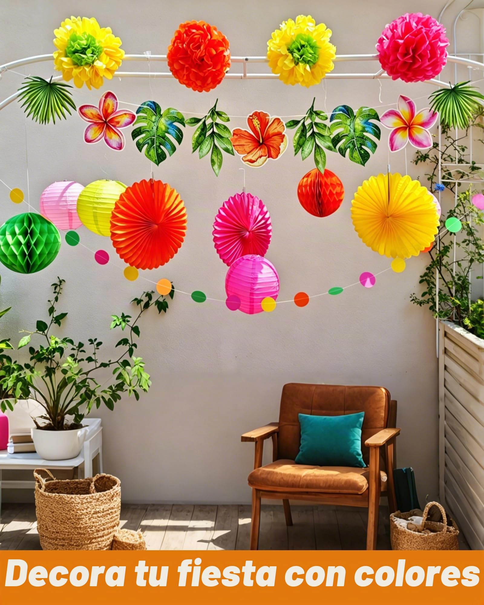 27 Piezas Decoración Hawaii Luau, Decoración Fiesta Hawaiana y Cumpleaños con Abanicos, Flores y Farolitos de Papel, Collares Hawaianos y Elementos Tropicales para Fiesta Playa y Tema Aloha