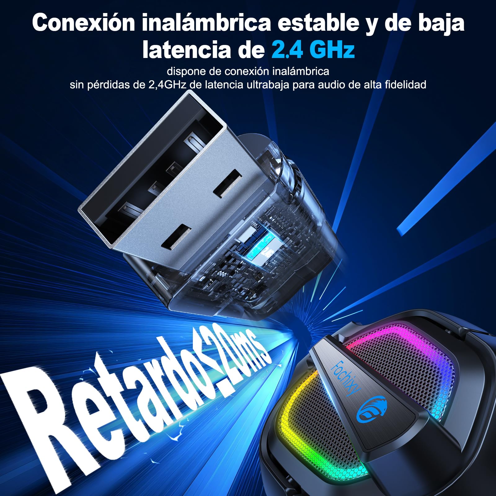 Fachixy FC200 Cascos Gaming Inalámbricos, 2.4GHz Bluetooth Auriculares Gaming Inalambricos para PS5, PS4, PC, Switch, Cancelación de Ruido de Baja latencia, luz LED, Duración 50Hr