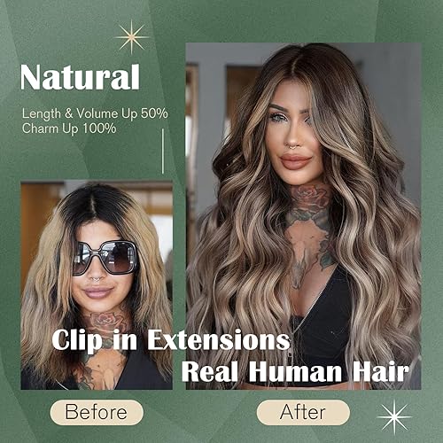 Miniatura 5 de Ugeat Extensiones de cabello humano real con clip, de 24 pulgadas, balayage, color marrón oscuro con rubio ceniza, #4184, 7 unidades, 4.23 onzas