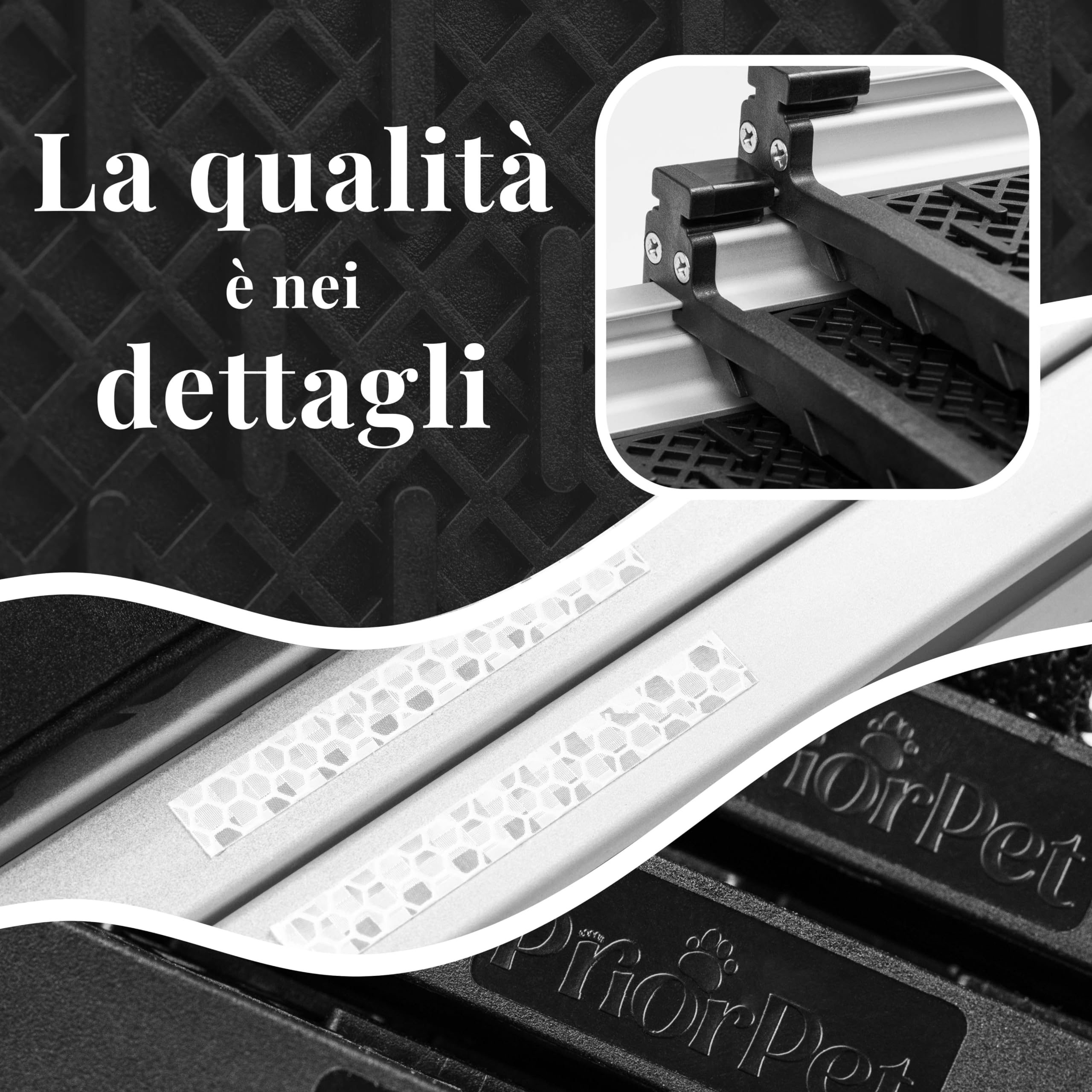 Rampa per Cani per Auto, SUV – Rampe Telescopiche Estensibili per Cani di Grossa Taglia – STABILI – ANTISCIVOLO – Sicurezza Notturna Lati Riflettenti – Capacità 90 kg – Clip di Bloccaggio – Nero