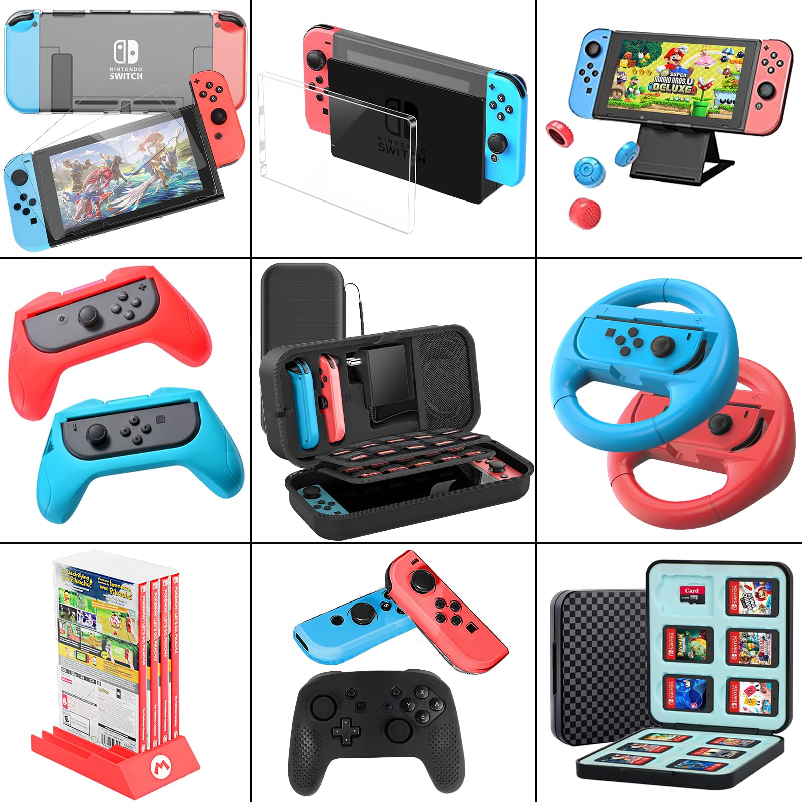 18 in 1 Switch Zubehör Für Nintendo Switch Spiele, Inklusive Gehäuse, Bildschirmschutz, Joycon-Griffe und Räder zur Spielerfahrungsoptimierung.