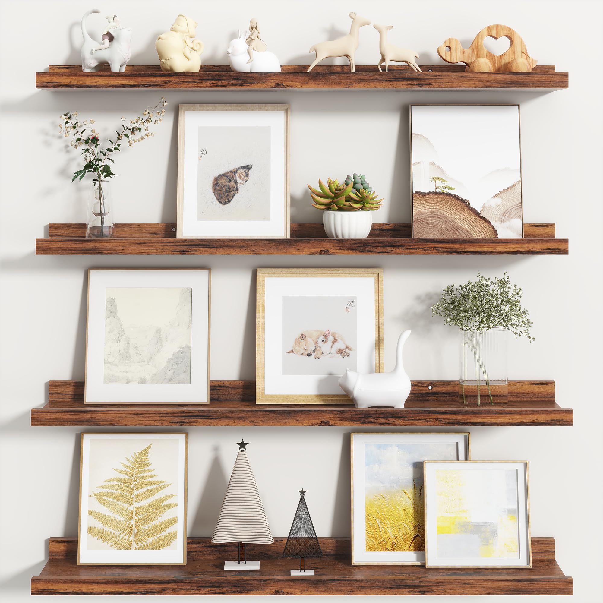 Fun Memories Picture Ledge Shelf, Floating Shelves Set of 4, 32 Inch Picture Shelves for Wall with Ledge, Large Nursery Book Shelf for Toys Storage, Living Room, Bedroom Decor Frames, Rustic Brown