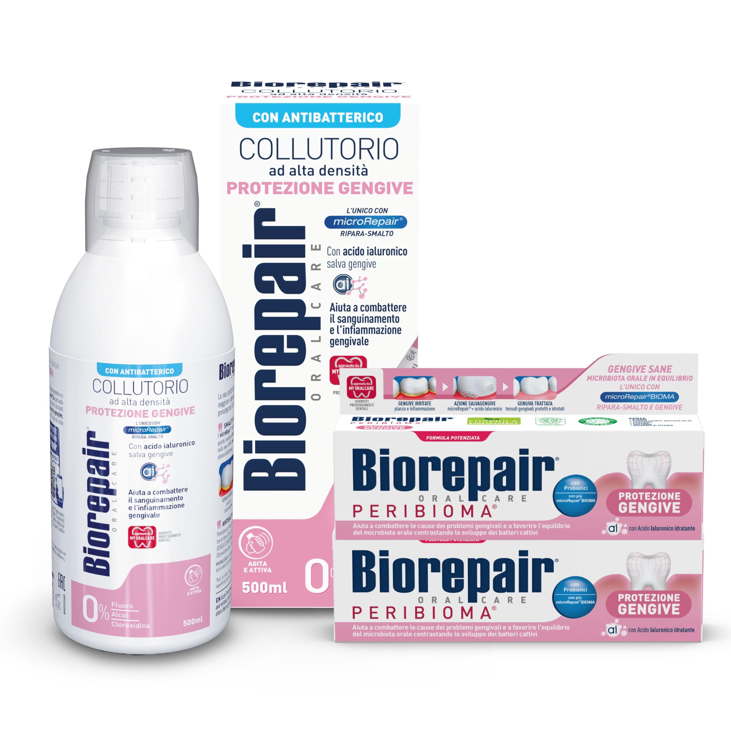 Biorepair, Kit Oral Care Protezione Gengive, Contiene Dentifricio PERIBIOMA Protezione Gengive, 2x75ml, Collutorio Alta Densità Protezione Gengive, 500ml, Con MicroRepair e Probiotici