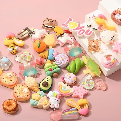 Miniatura 5 de Juego de 50 piezas de dijes de limo de resina, varios caramelos, resina, parte trasera plana, suministros para hacer manualidades y decoración para