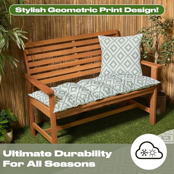 OHS 2 Seater Garden Bench Cushion Geometric Print Bench Seat Pad, Super Soft Comfortable Waterproof Outdoor Seat Cushions For Patio Furniture or Dining, Sage-110x40cm - 4