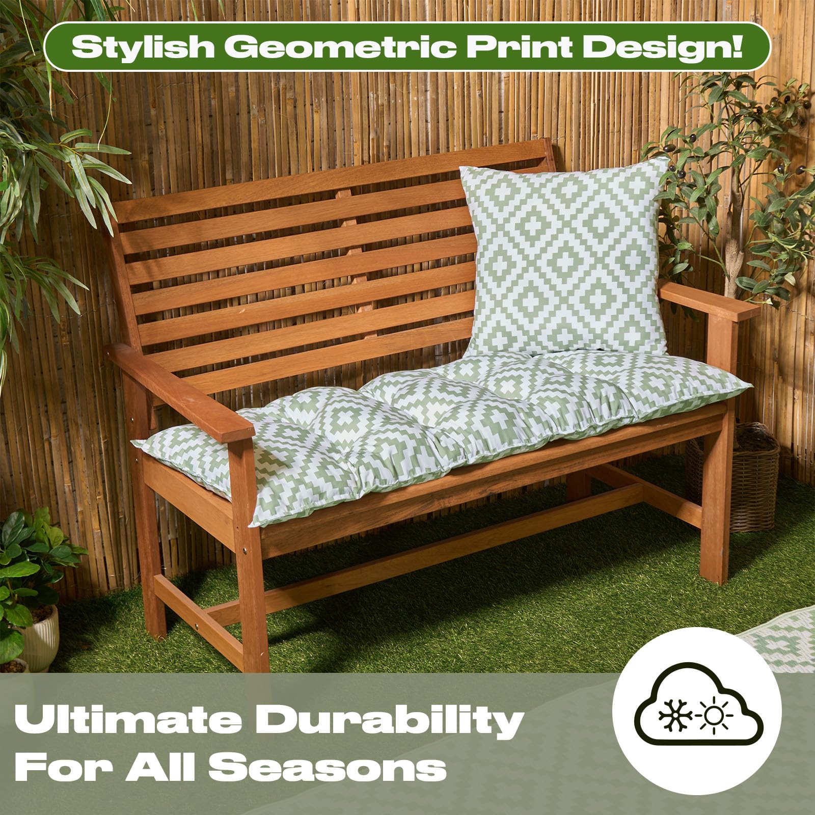 OHS 2 Seater Garden Bench Cushion Geometric Print Bench Seat Pad, Super Soft Comfortable Waterproof Outdoor Seat Cushions For Patio Furniture or Dining, Sage-110x40cm — view 4