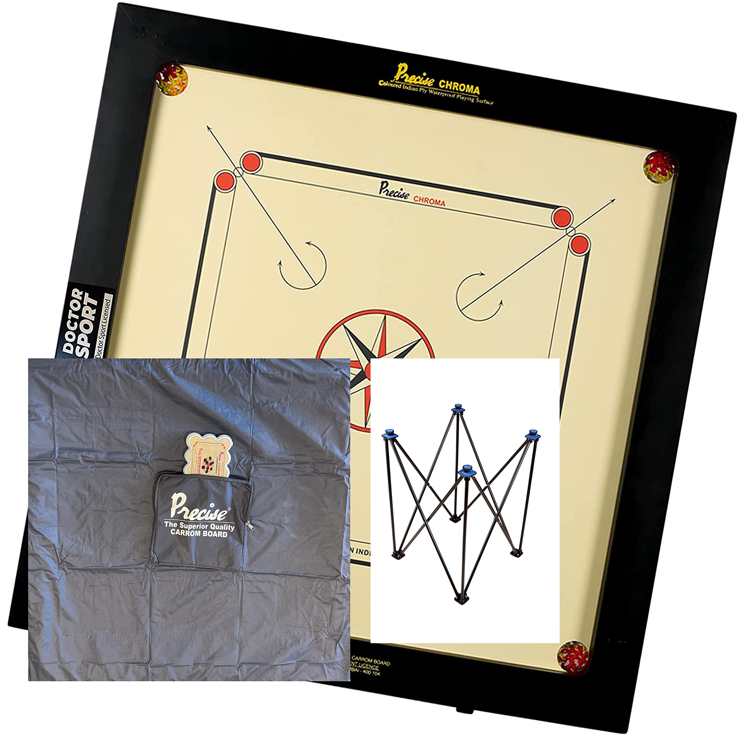 Precise Carrom Planche de carrom complète – Ivoire Super Satin – Planche 6 mm – Original India – Qualité supérieure – Pierres de piquet + couverture + table