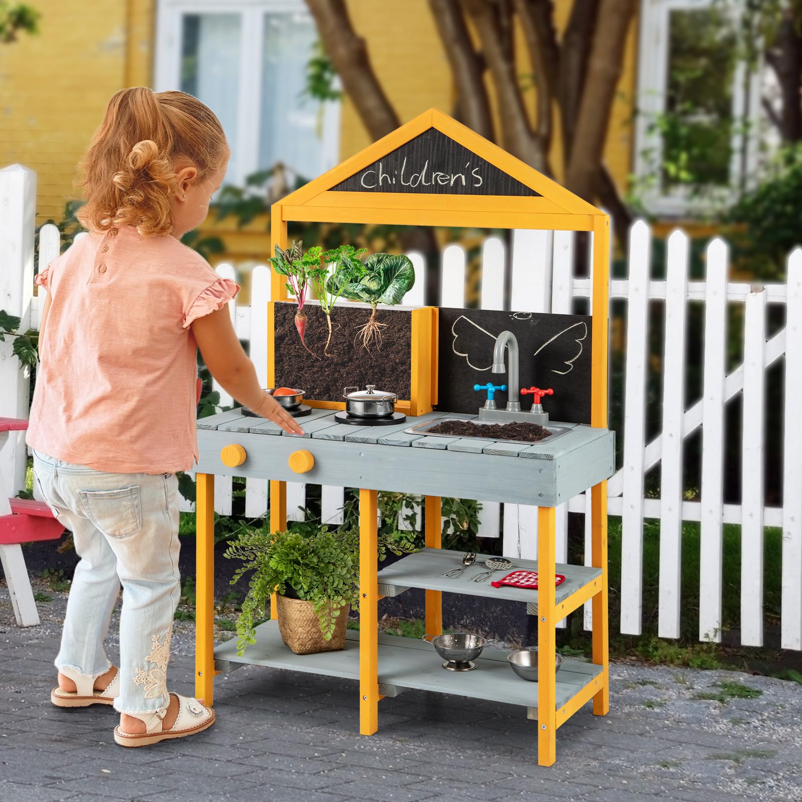 COSTWAY Matschküche Kinder Outdoor, Kindergrill mit Grill-Zubehör, BBQ Grill Spielset mit Tafel & Spülbecken, Spielküche Outdoorküche für Jungen & Mädchen ab 3 Jahren