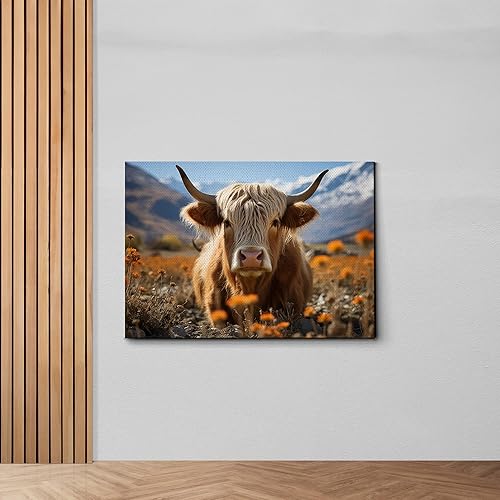 Miniatura 5 de Highland Cow Wall Art, This Is Our Happy Place Inspirational Canvas Poster for Home, Long Haired Scottish Cow with White Flower Picture Farmhouse