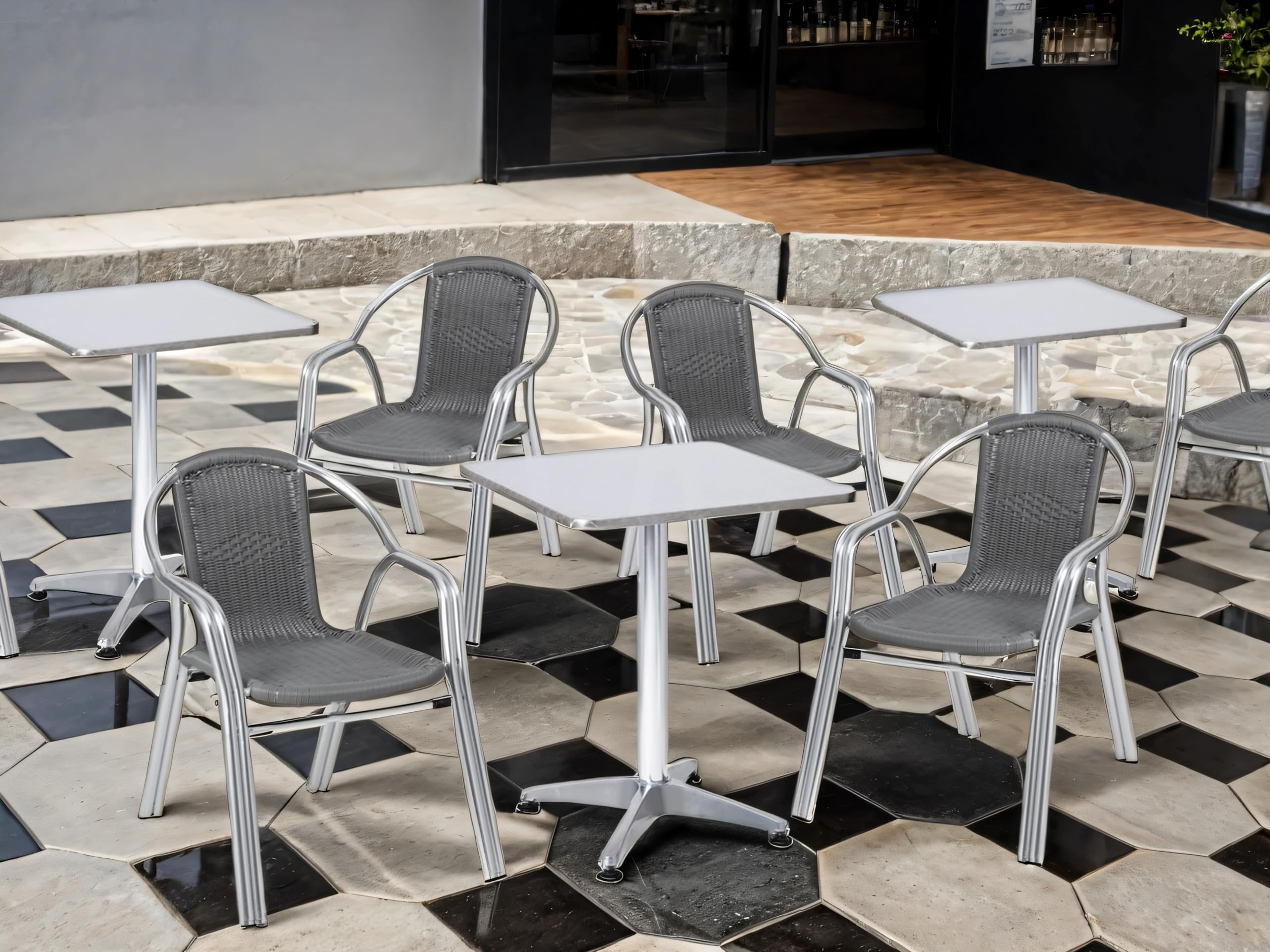 METRO Professional Mesa de Exterior Narni, Aluminio, 60 x 60 cm, Superficie de Acero Inoxidable, Apta para 2 Personas, Mesa de Bar con Pies Ajustables, Plata