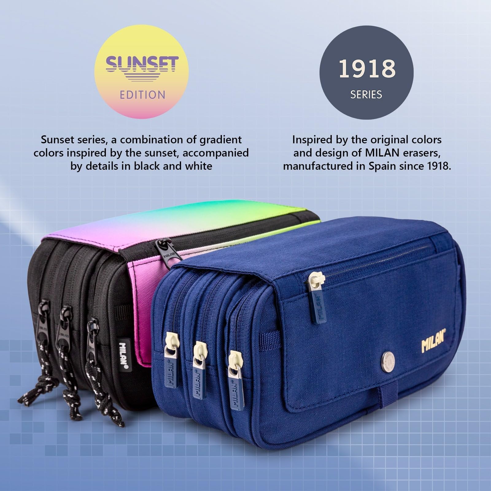 ColePack Eco - Lote de Estuche Portatodo Triple con 3 Cremalleras y Material Escolar de Primeras Marcas Incluido (Eco Azul)