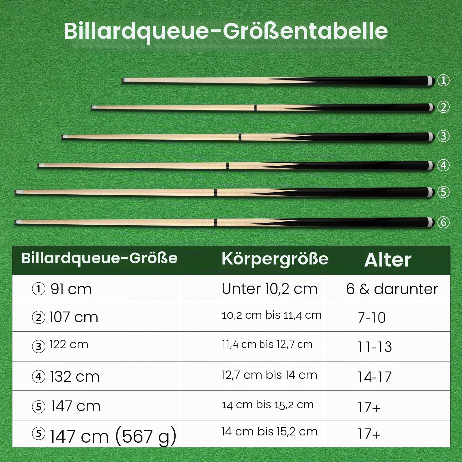 Billardqueue-Sticks für Erwachsene, 590 ml, 91,4 cm, 106,7 cm, 121,9 cm, 147,3 cm, Set mit 2 oder 4 Billard-Queue-Sticks mit 13 mm Lederspitze, für Kinder oder Anfänger, 2-teilig, 14/16/18