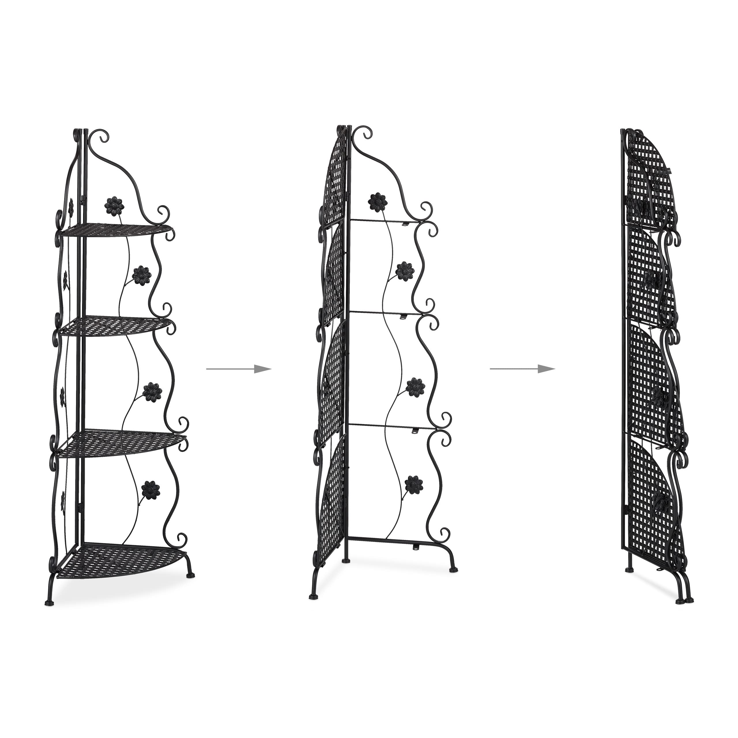 Relaxdays Scaffale Portafiori in Metallo, Fioriera Interno ad Angolo con 4 Mensole Porta Piante, 113,5x31x31 cm, Nero