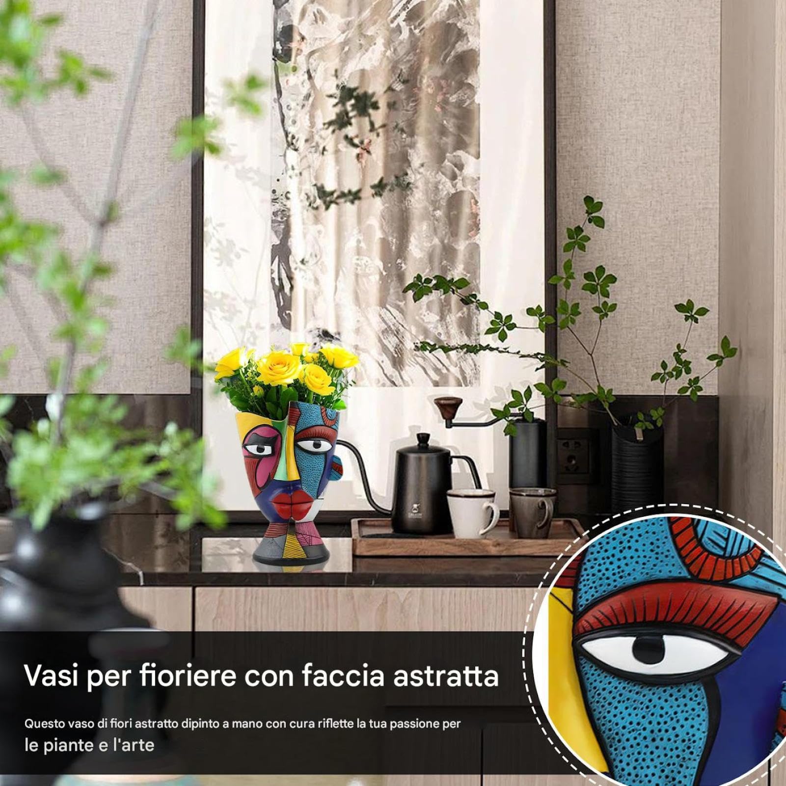 Pićasso Abstract Face Pot - Blumenkübel aus Harz, einzigartiges menschliches Gesichtsdesign, bunter dekorativer Vase mit Drainagelöchern | Behälter für Sukkulenten für den Innen- und Außenbereich für