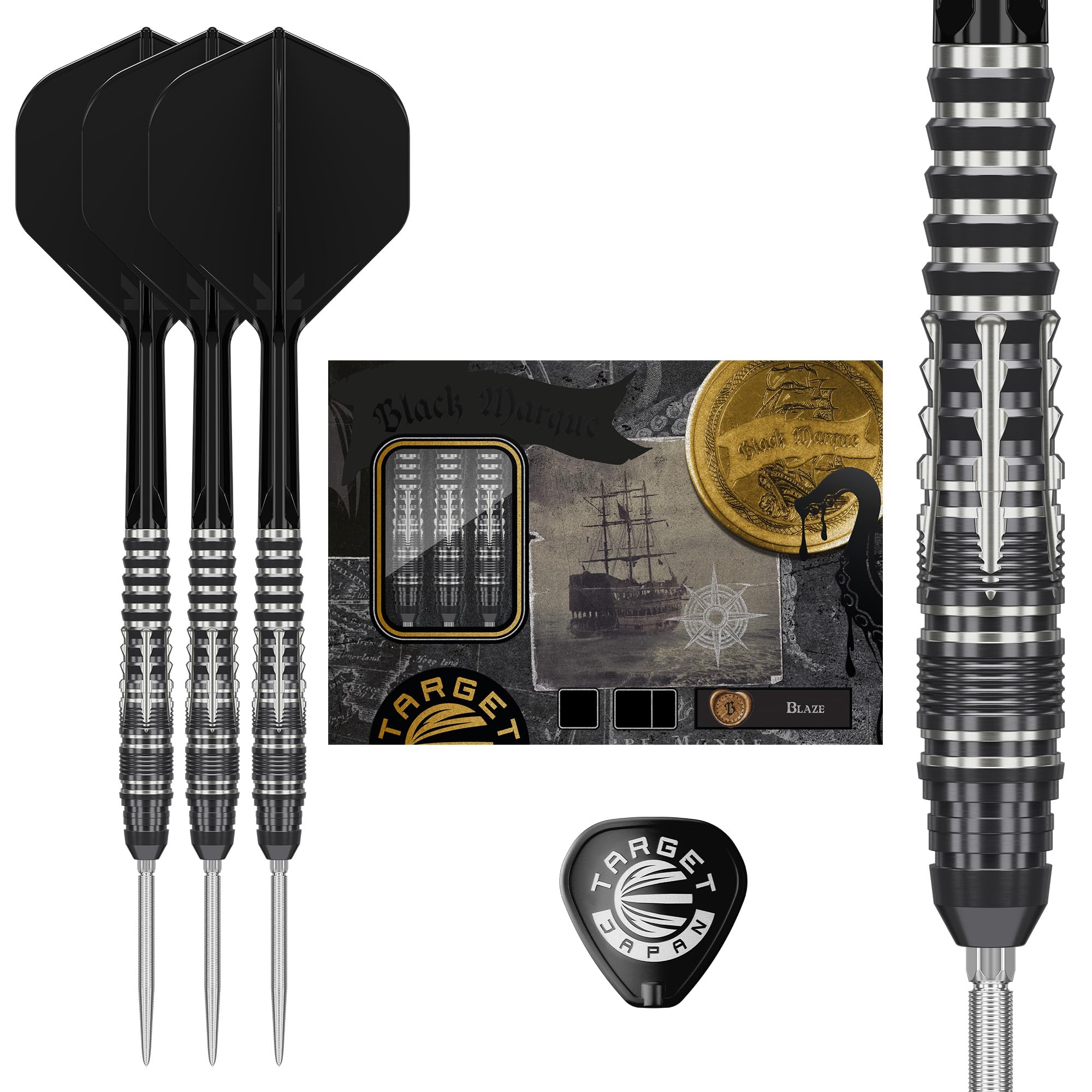 Target Japan Black Marque Blaze Steel Tip Darts with Kflex, 25G | 90% Tungsten Dart Set, K-Flex Flights and Shafts No.2, Swiss Nano Point Tips, Kho Jun