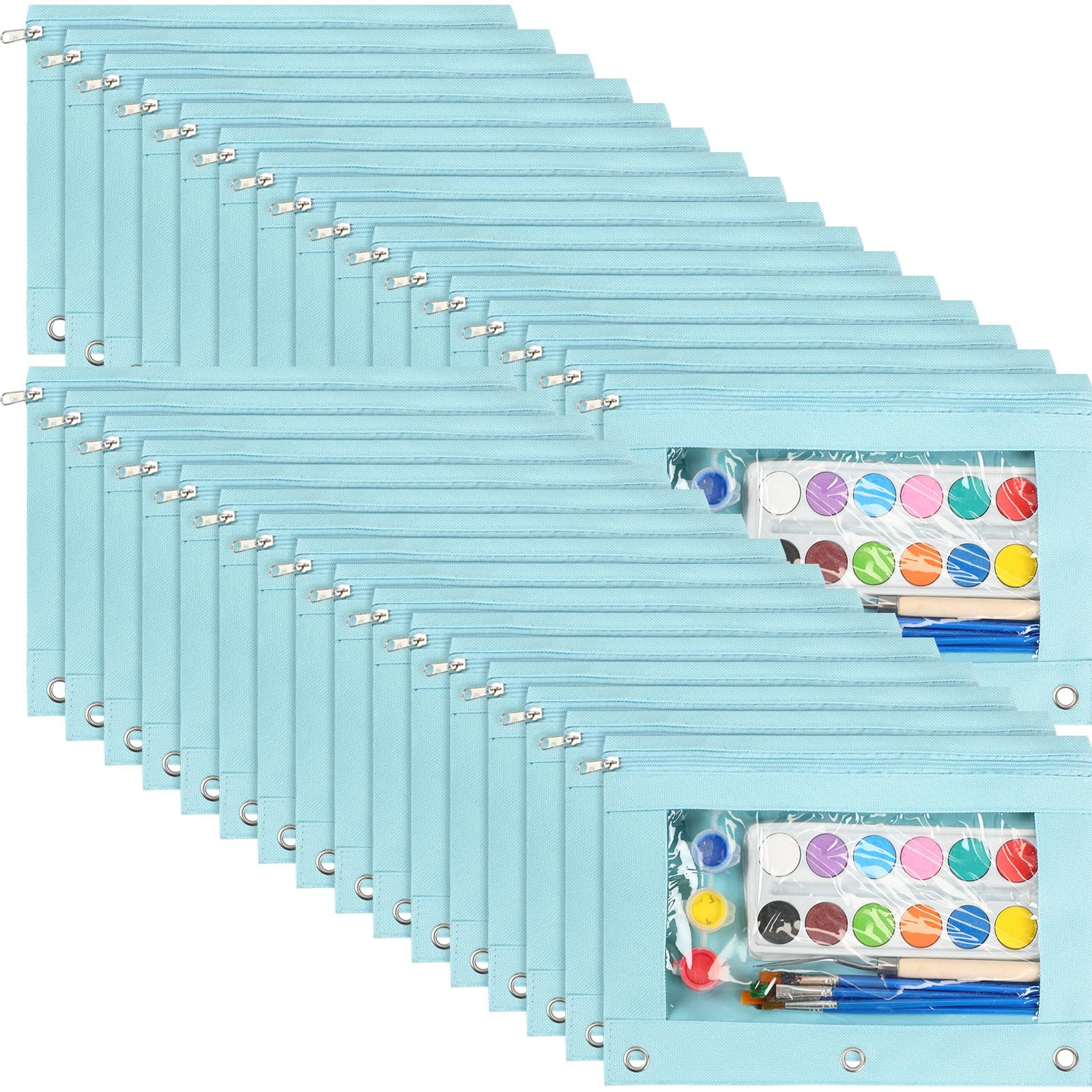 Marspark 30 Packs Pencil Pouch 3 Ring Binder Pen Pouch Cloth Pencil Pouches Zipper Pen Case Bag with Clear Window for School Office Writing Supplies