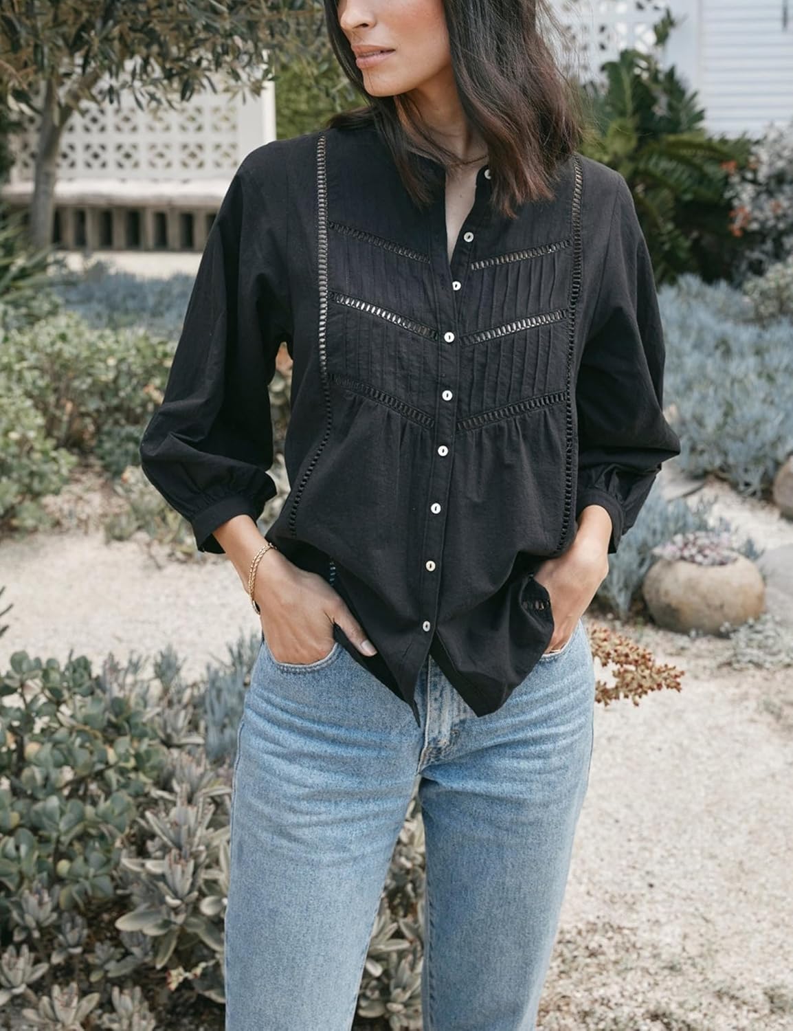 EsheSy Women's Button Down Shirts Lace Blouses Bracelet Sleeves Round Neck Loose Pleated Cotton Tops(Black-M) - Image 5