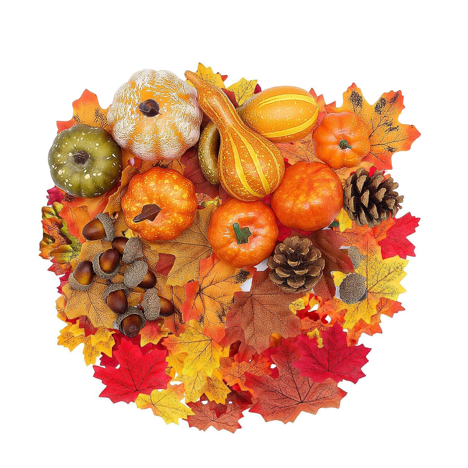 Extraible Green, Orange 120Pcs Artificial Pumpkins Autumn Decorations Set - Artificial Fall Maple Leaves, Mini Pumpkins, Pine Cones, Gourds, Small Acorns For Autumn Harvest Thanksgiving Halloween Table Decorations