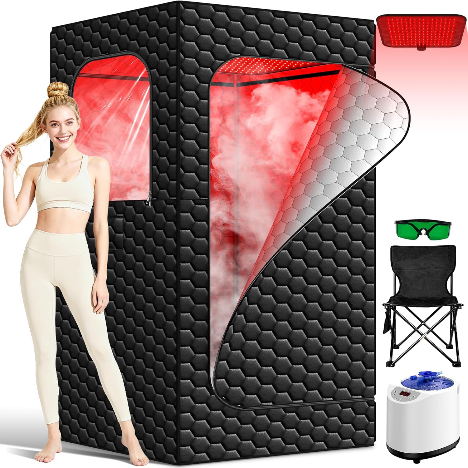 Infrared Sauna Box, 160 LEDs Red Light Sauna Steam Room, Portable Sauna Tent with 3L/1200W Steamer, 15 Heating Levels, Folding Chair, Indoor Saunabox for Home Spa Relaxation