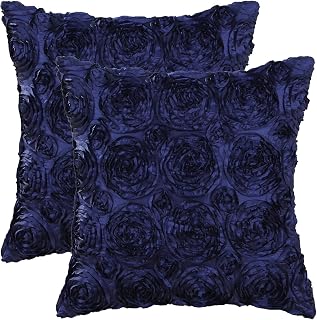 CaliTime Pack of 2 Cushion Covers Throw Pillow Cases Shells for Couch Sofa Home Solid Stereo Roses Floral 18 X 18 Inches Navy Blue