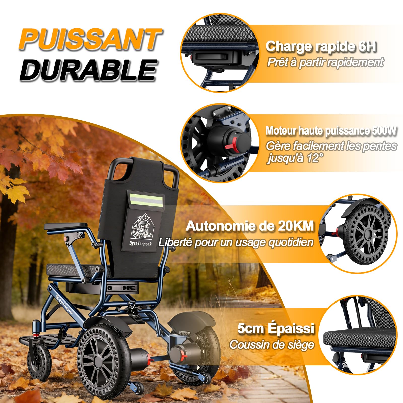 D14 Fauteuil Roulant Électrique Pliable Léger | Autonomie 25 km, Moteur Sans Balais 500 W, Batterie Amovible 12 Ah, Aluminium, Charge 150 kg, Homologué Avion