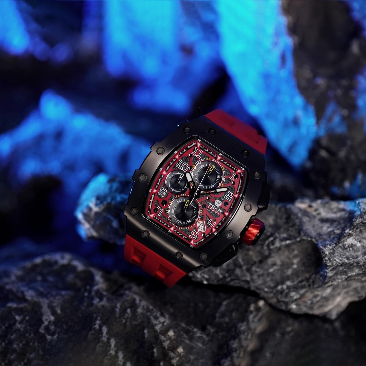 Mens Watches Luxury Tonneau Watches for Men Waterproof 50M Analog Replica Watch Chronograph Calendar Date Men’s Dress Business Work Watch Diver Large Square Face Wristwatch Red 09 image 9 of 10 B09H6Z79KS