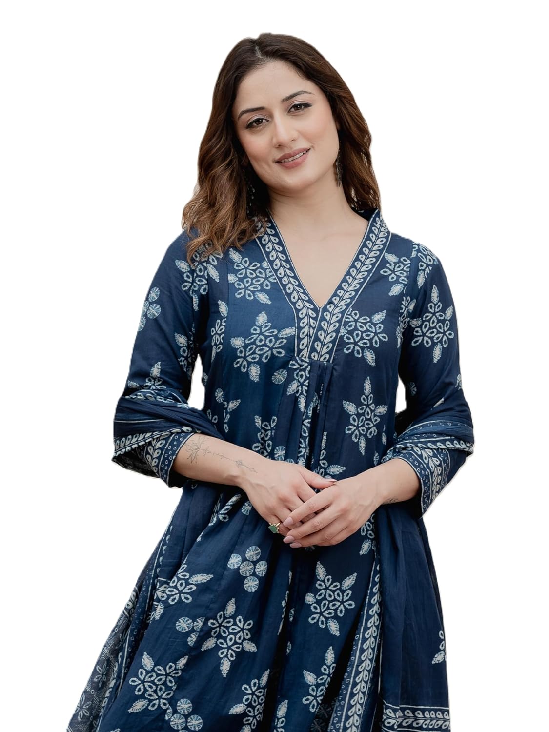 Arayna Women’s Pure Cotton Handblock Ethnic Printed Kurta Set with Pants & Dupatta Arayna Women’s Pure Cotton Handblock Ethnic Printed Kurta Set with Pants & Dupatta