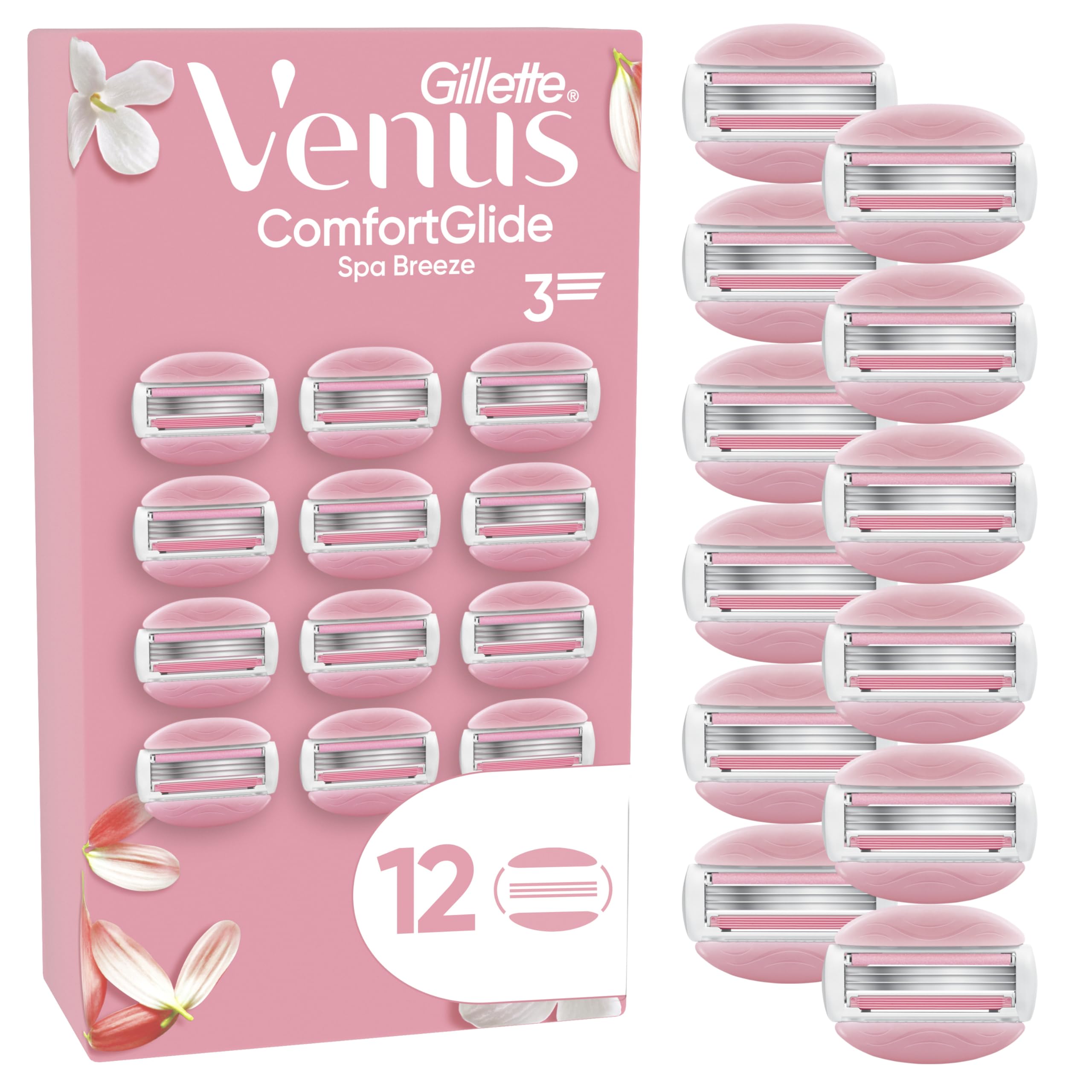 Gillette Venus Recharges De Lames De Rasoir Femme ComfortGlide Spa Breeze, Lot De 12 Cartouches De Rechange A 3 Lames, Barres De Gel A Raser 2-En-1 Pour Une Peau Douce