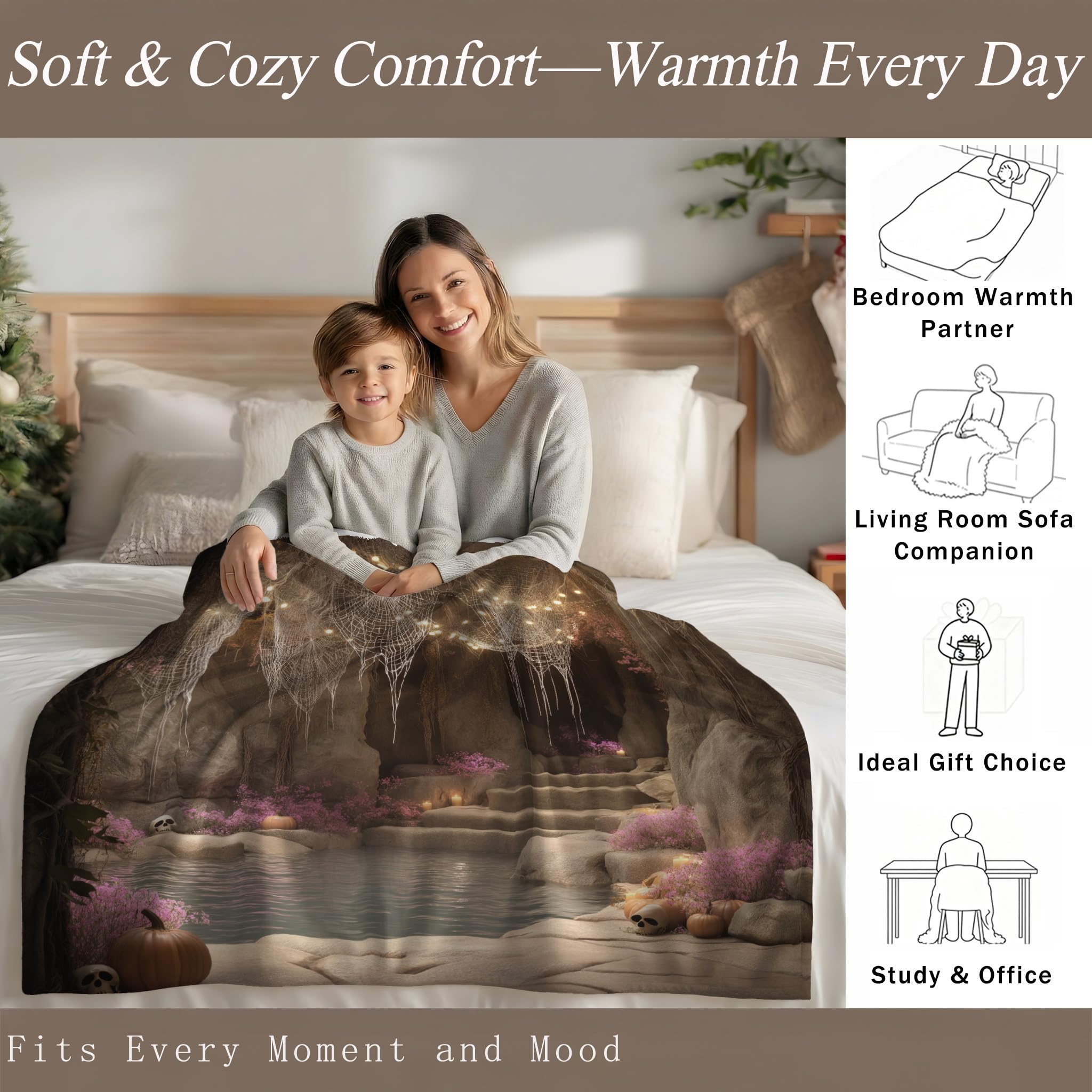 Genérico Zimowy koc flanelowy na sofę i fotel 220 x 270 cm - Koce prezentowe dla kobiet i mężczyzn - świąteczna atmosfera pajęczyna dynia Dekorowanie Della Dom - Khaki Duży koc