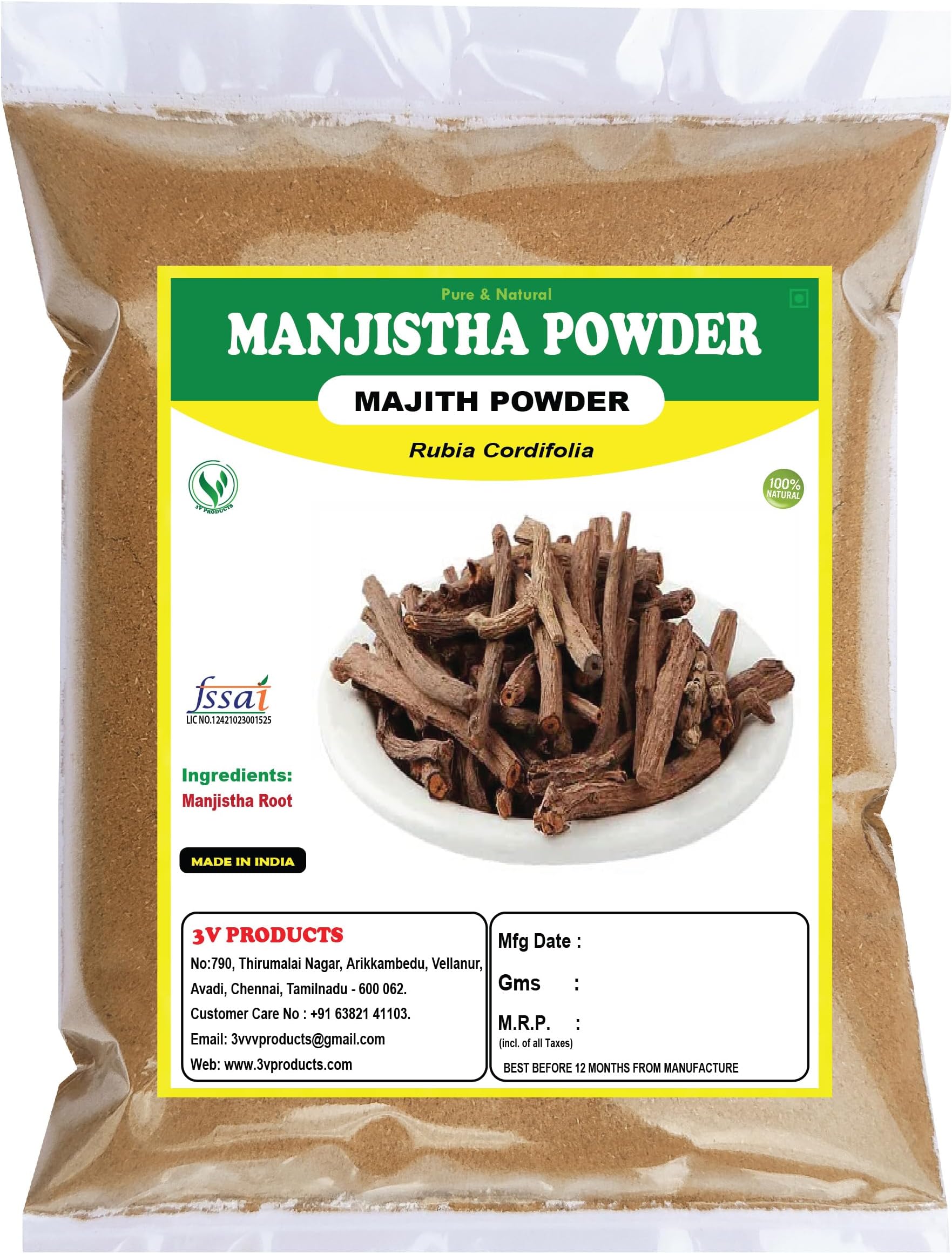 3V PRODUCTS Manjistha Powder 100g | Majith | Rubia Cordifolia | Indian Madder