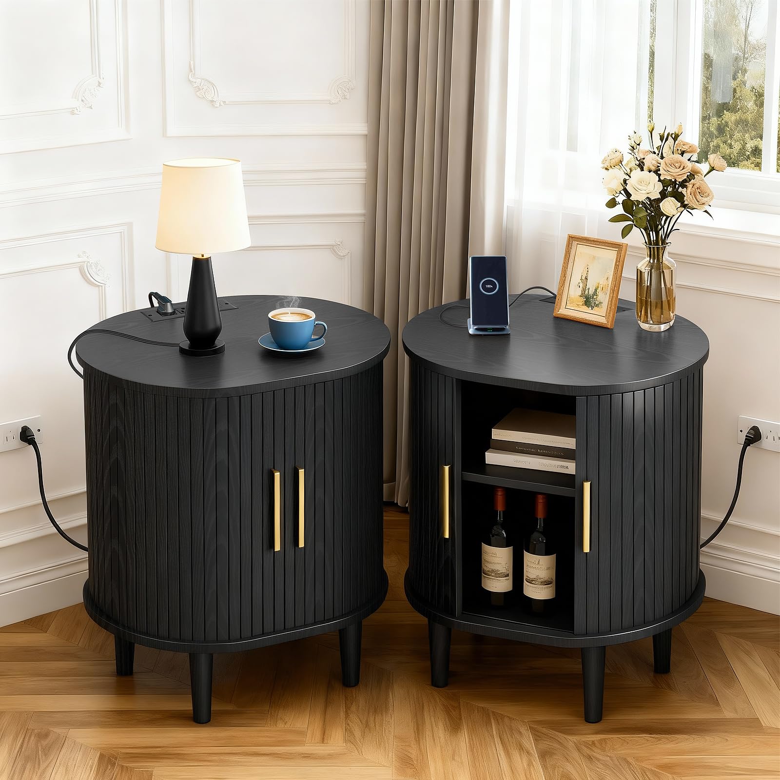 DHH Mid Century Modern Nightstand Set of 2 with Charging Station, Fluted Accent Side Table with Sliding Door &amp; Adjustable Shelf, End Table for Small Space, Living Room, Bedroom,Sofa Couch, Black