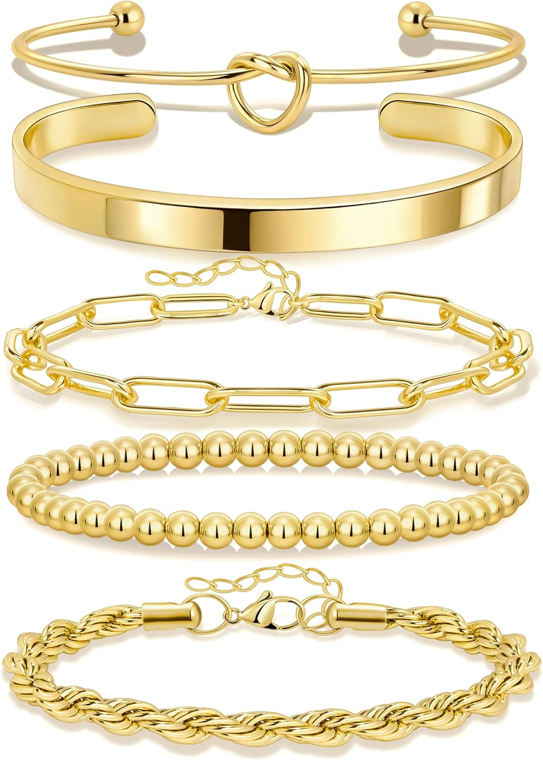 Gold Bracelets for Women Non Tarnish, 14K Gold Plated Chunky Cuff Bracelet Gold Bangles Bracelet for Women Trendy Tie Knot Cuban Rope Paperclip Beaded Bracelet Stack Jewelry Gifts