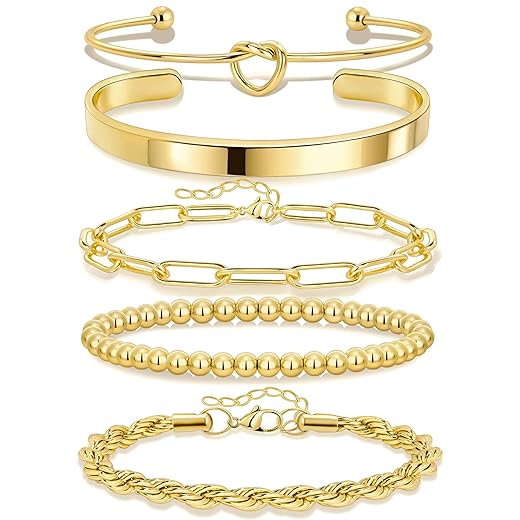 Gold Bracelets for Women Non Tarnish, 14K Gold Plated Chunky Cuff Bracelet Gold Bangles Bracelet for Women Trendy Tie Knot Cuban Rope Paperclip Beaded Bracelet Stack Jewelry Gifts