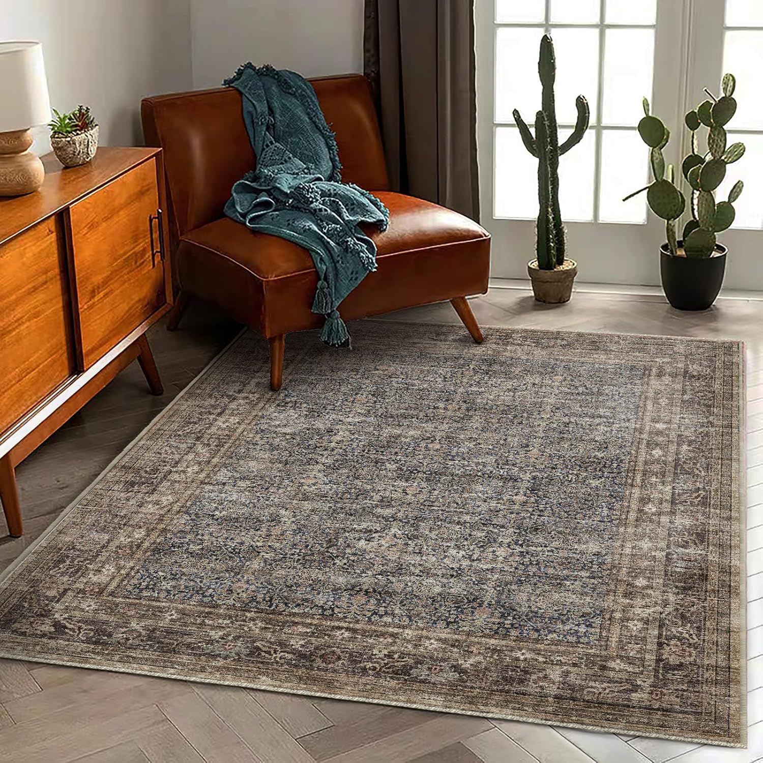 Teppich Wohnzimmer Große 150x180cm Teppich Kurzflor rutschfest Weich Waschbar für Schlafzimmer Küche Büro Vintage Traditionelles Grau