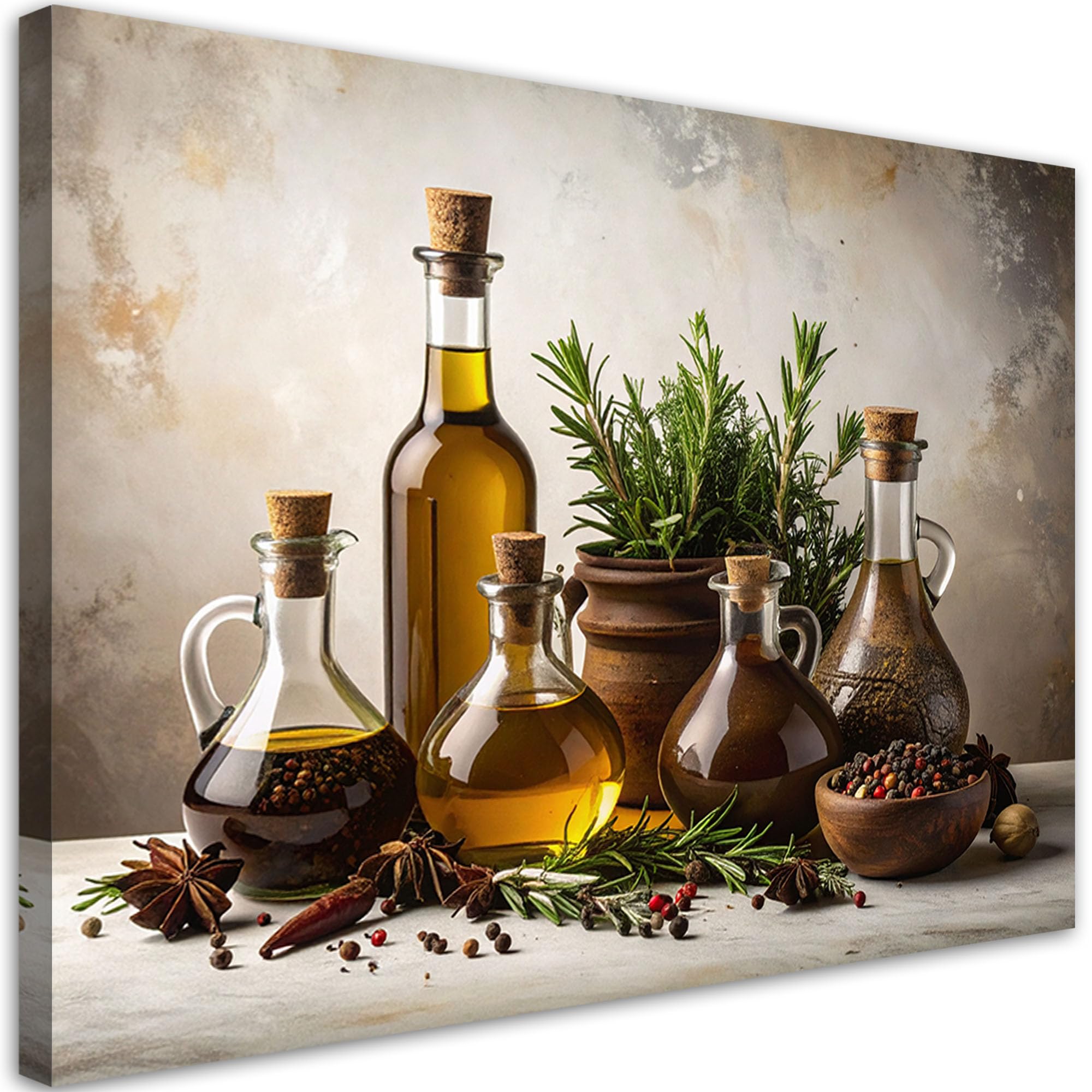 Feeby Wandbild - Wohnzimmer Modern Deko - Olivenöl Kräuter Gewürze - 115x75 1tlg - Bilder Leinwand - Bild auf Leinwand Schlafzimmer - Leinwandbilder für die Wand - Canvas Painting - Fotokunst