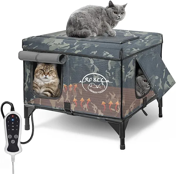 Heated Cat House for Outside, Outdoor Pet Shelter with Remote Control, Insulated Feral Cat with Heating Pad, Elevated Waterproof with Rain-Proof Eaves (17" D x 21" W x 17" H)
