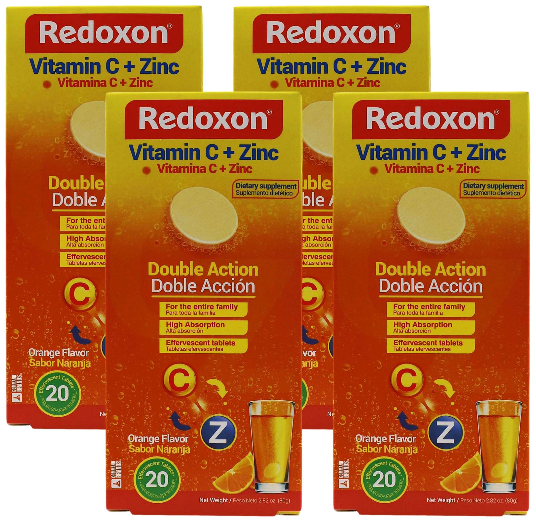 Redoxon Vitamin C + Zinc, Effervescent Tablets of Vitamin C and Zinc, Helps Support Your Immune System, Orange Flavor, 20 Effervescent Tablets, 2.82 Oz, Box (Pack of 4)