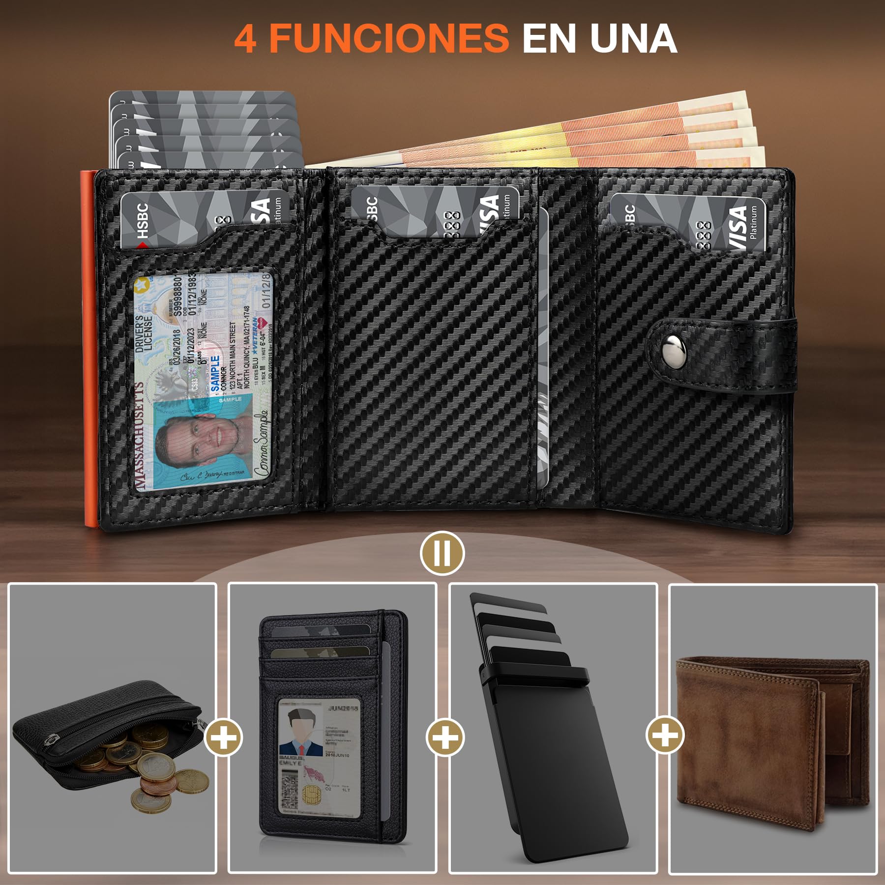 TENBST Cartera Hombre Fibra de Carbono RFID Bloqueo Negro-Naranja