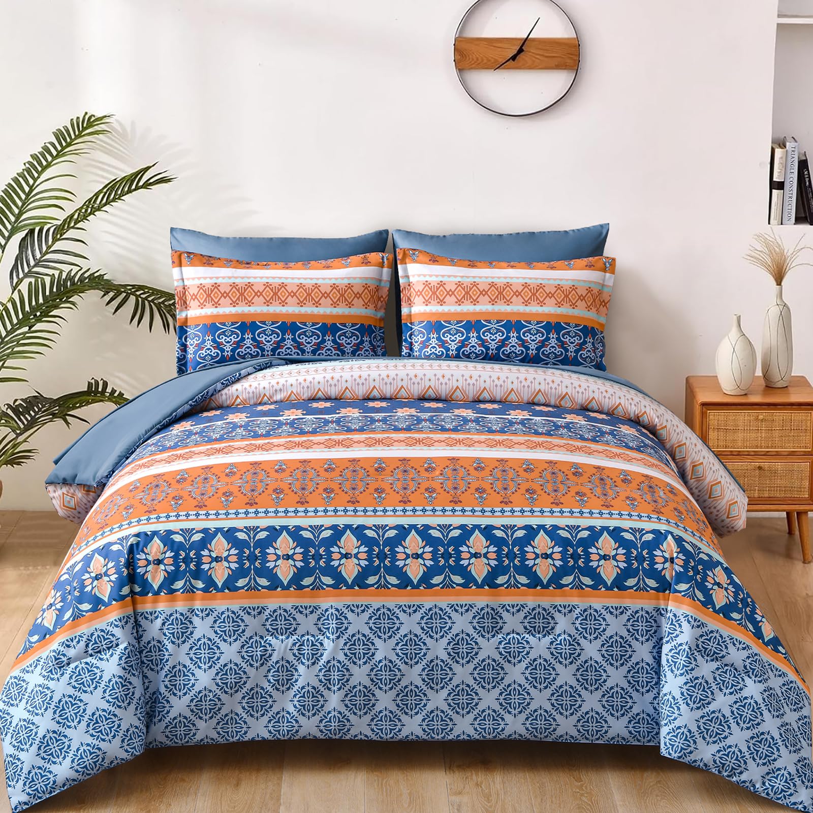 ( similar) WONGS BEDDING Boho Comforter Set Queen, Blue and Orange Bedding Set 7 Pieces Bed in a Bag Bohemian Striped Bedding Comforter Sets Soft Microfiber Comfortet and Sheet Set for All Season