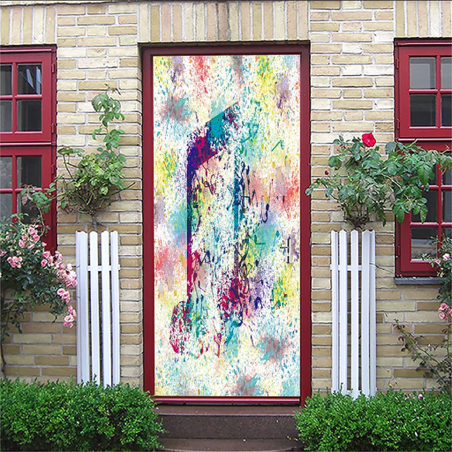 Modern Art 3D Door Mural Sticker, Peel and Stick Removable Vinyl Door Decals for Home Decor, Colorful Abstract Music Symbols 88 X 200 Cm - Children's Room Living Room Bedroom Kitchen Door Photo Door