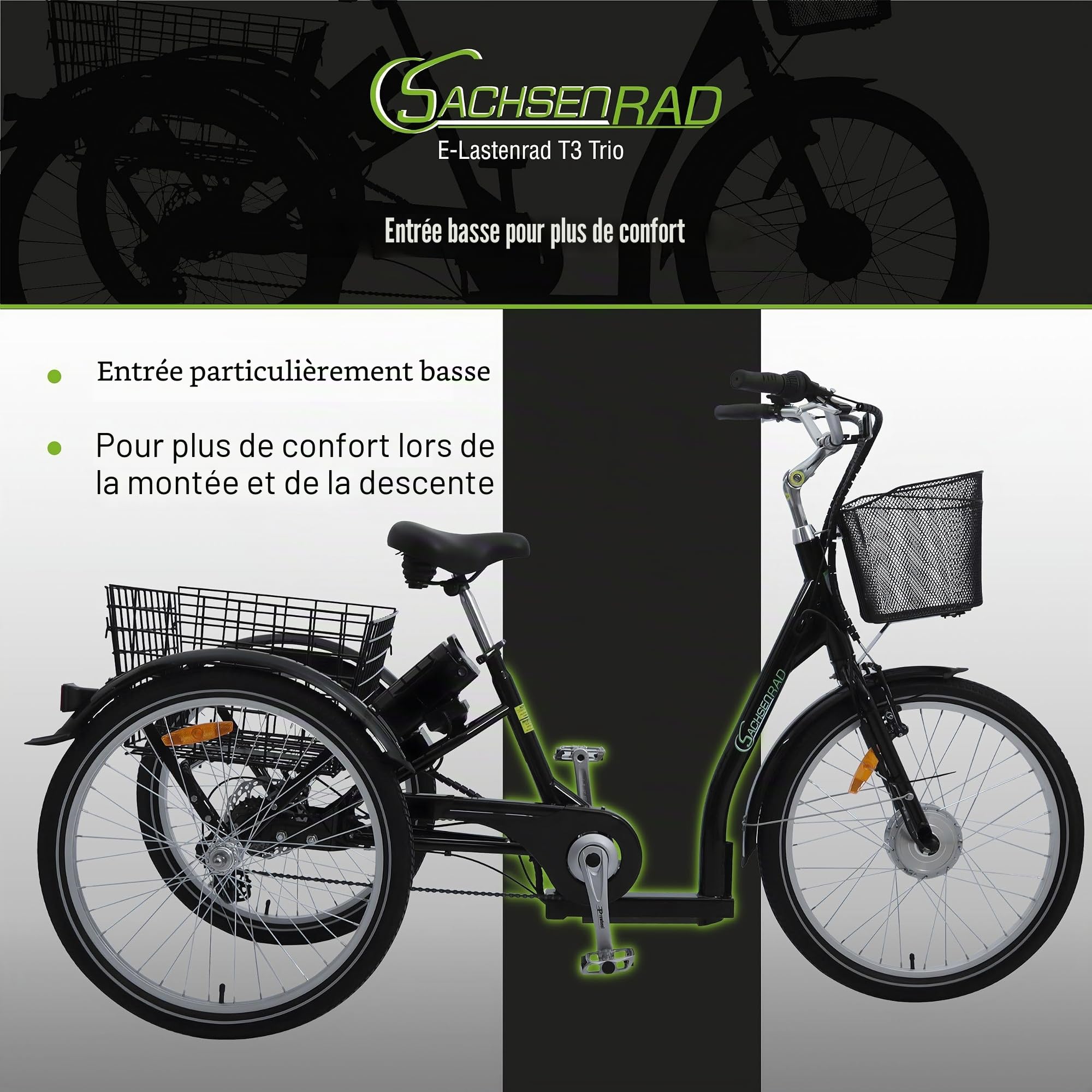 Vélo Cargo électrique T3A Trio avec système d'alarme, vélo électrique 250 W avec écran LCD et éclairage LED homologué StVZO pour Le Transport des Enfants, Cellule LG Durable, Noir