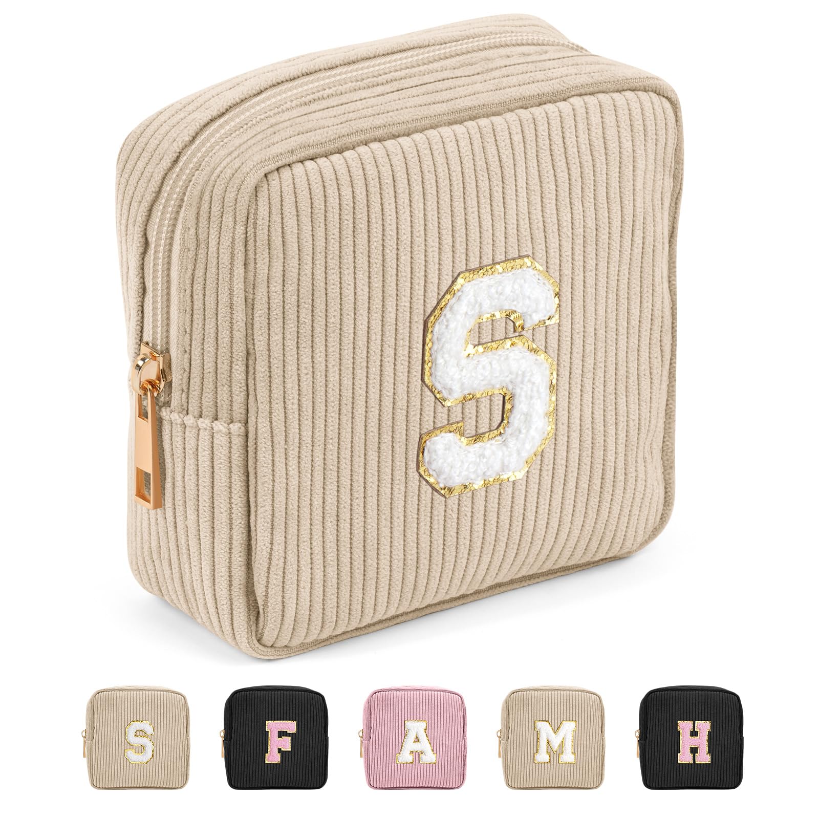 MAGEFY Makeup Bag for Purse Initial Bags with Zipper Mini Cosmetics Bag Corduroy Cute Cosmetic Pouch for Women with Slip-in Pockets (Beige-S)