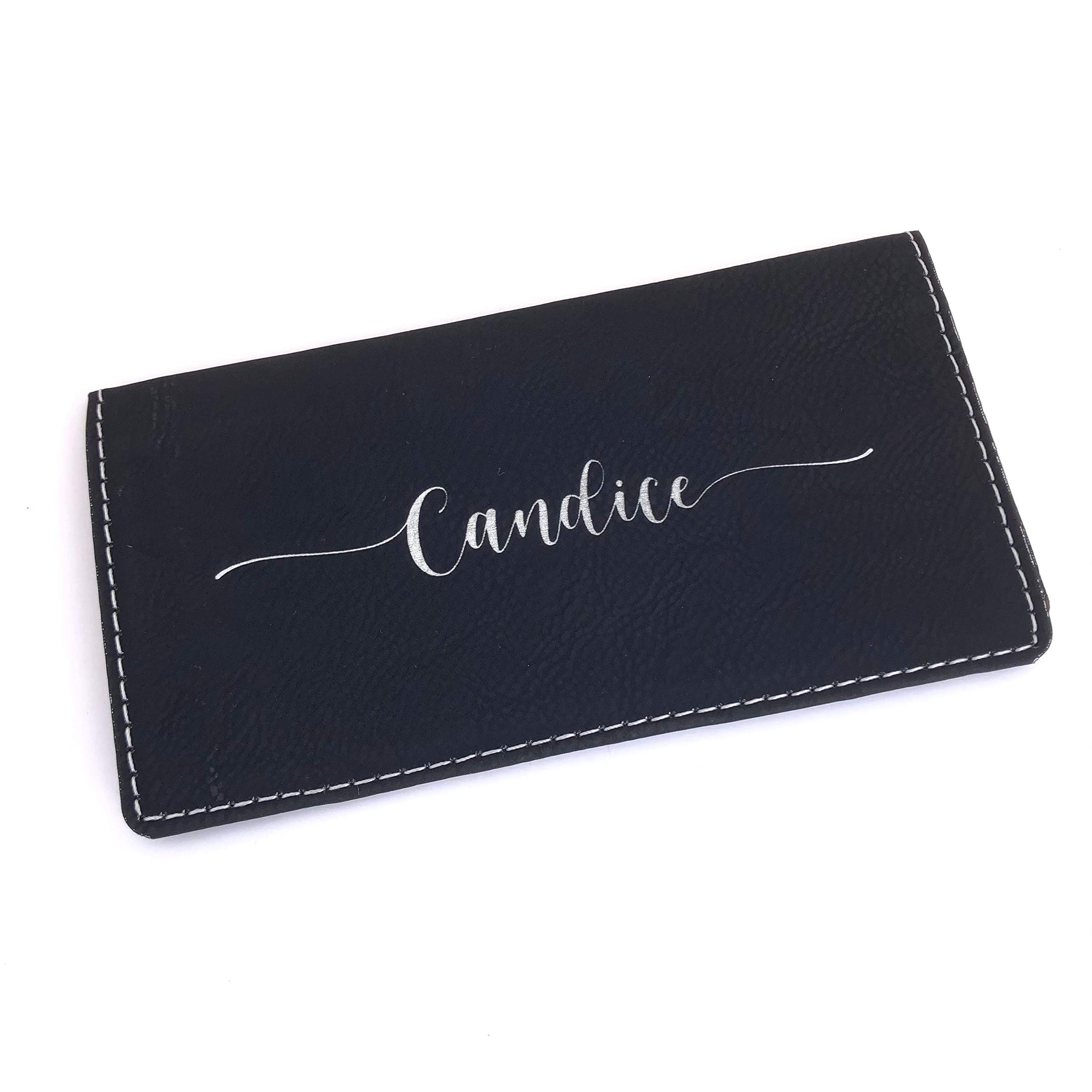 Personalized Checkbook Cover Faux Leather Permanently Engraved (Black with Silver)