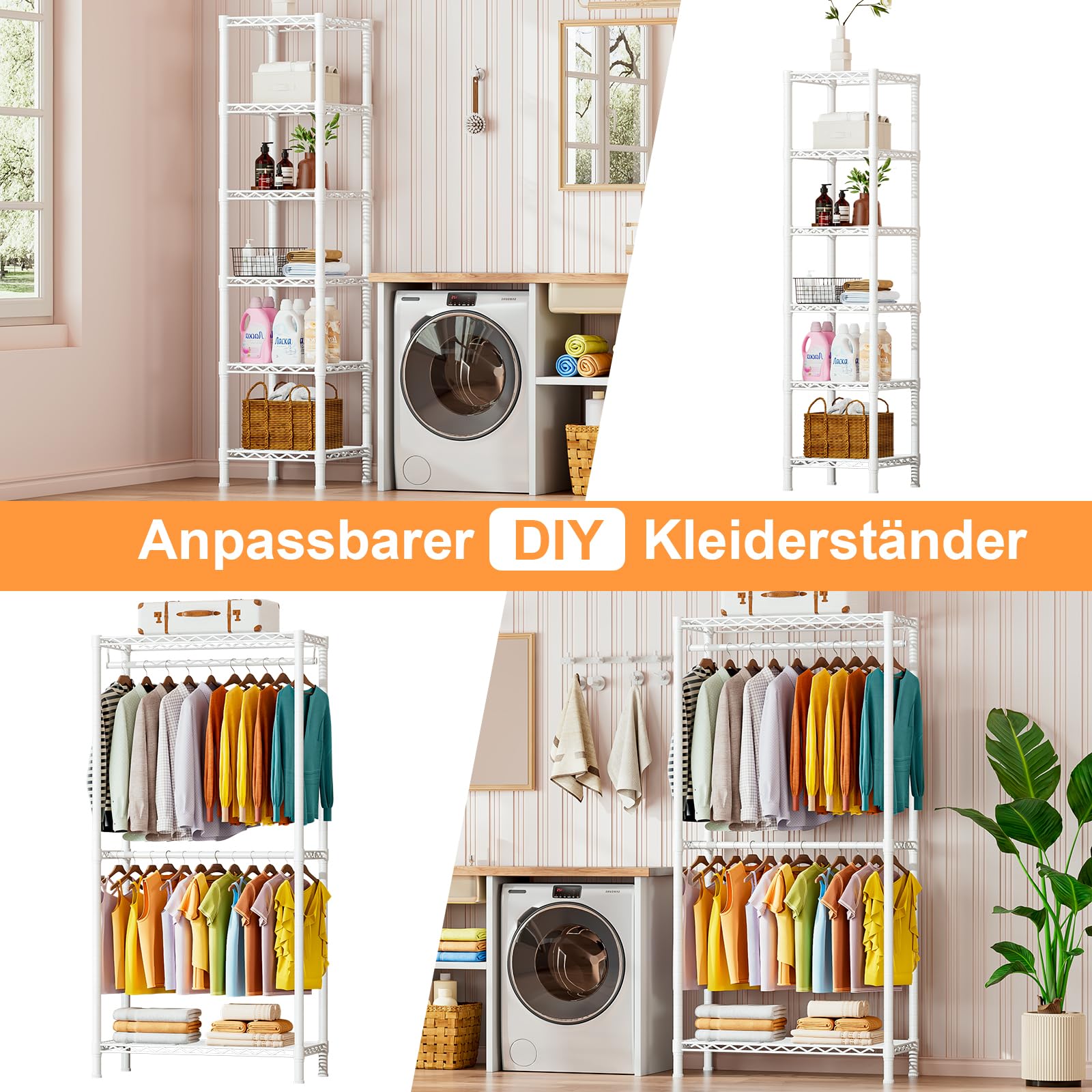 Erweiterbar Kleiderständer,Multifunktional Garderobenständer mit Höhenverstellbaren Einlegeböden,Schwerlast Kleiderständer Metall Garderobenständer Kleiderbügel Kleiderschrank (Weiß)